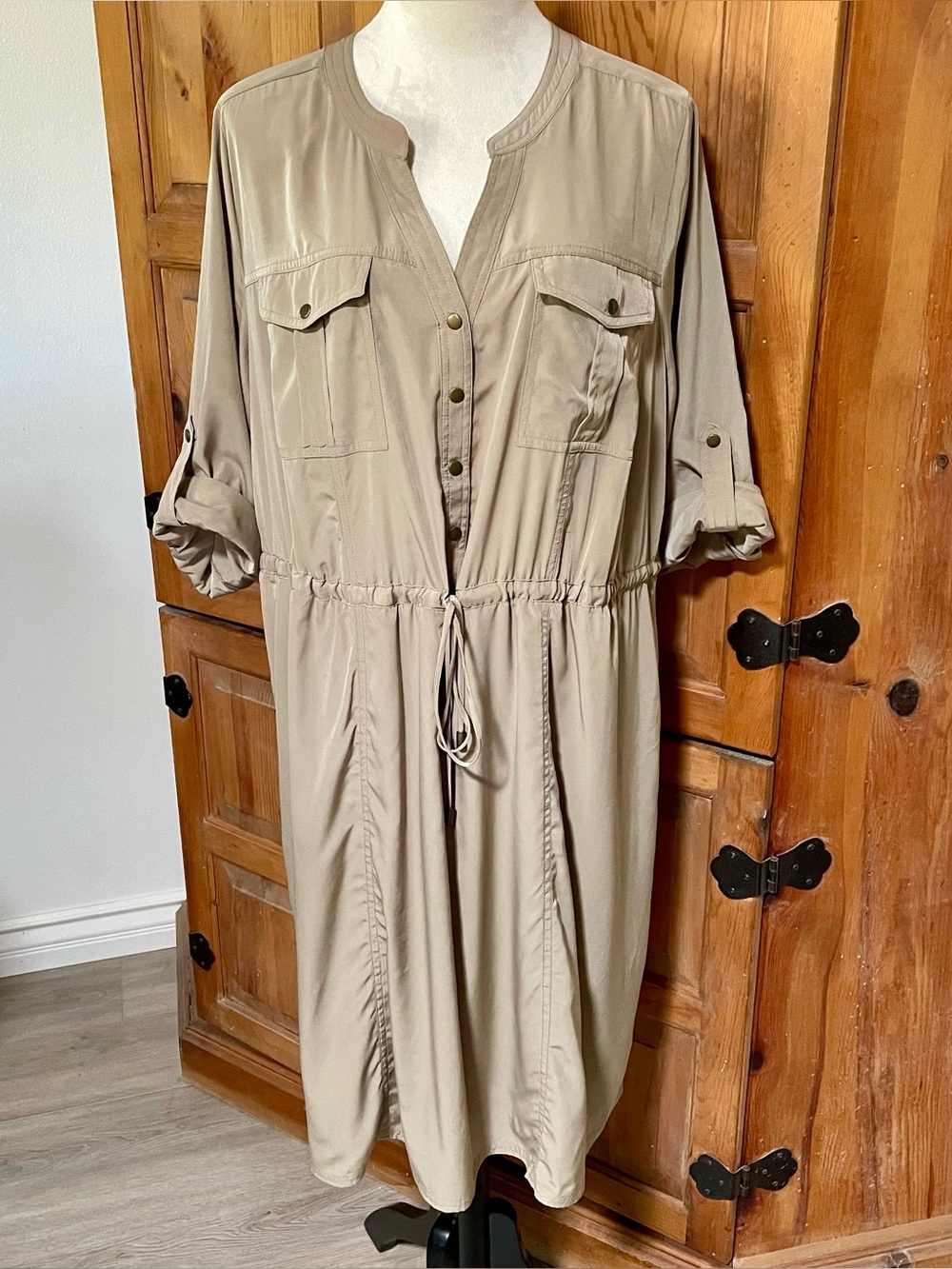 Lane Bryant Tan Button-Up Dress with Drawstring Waist